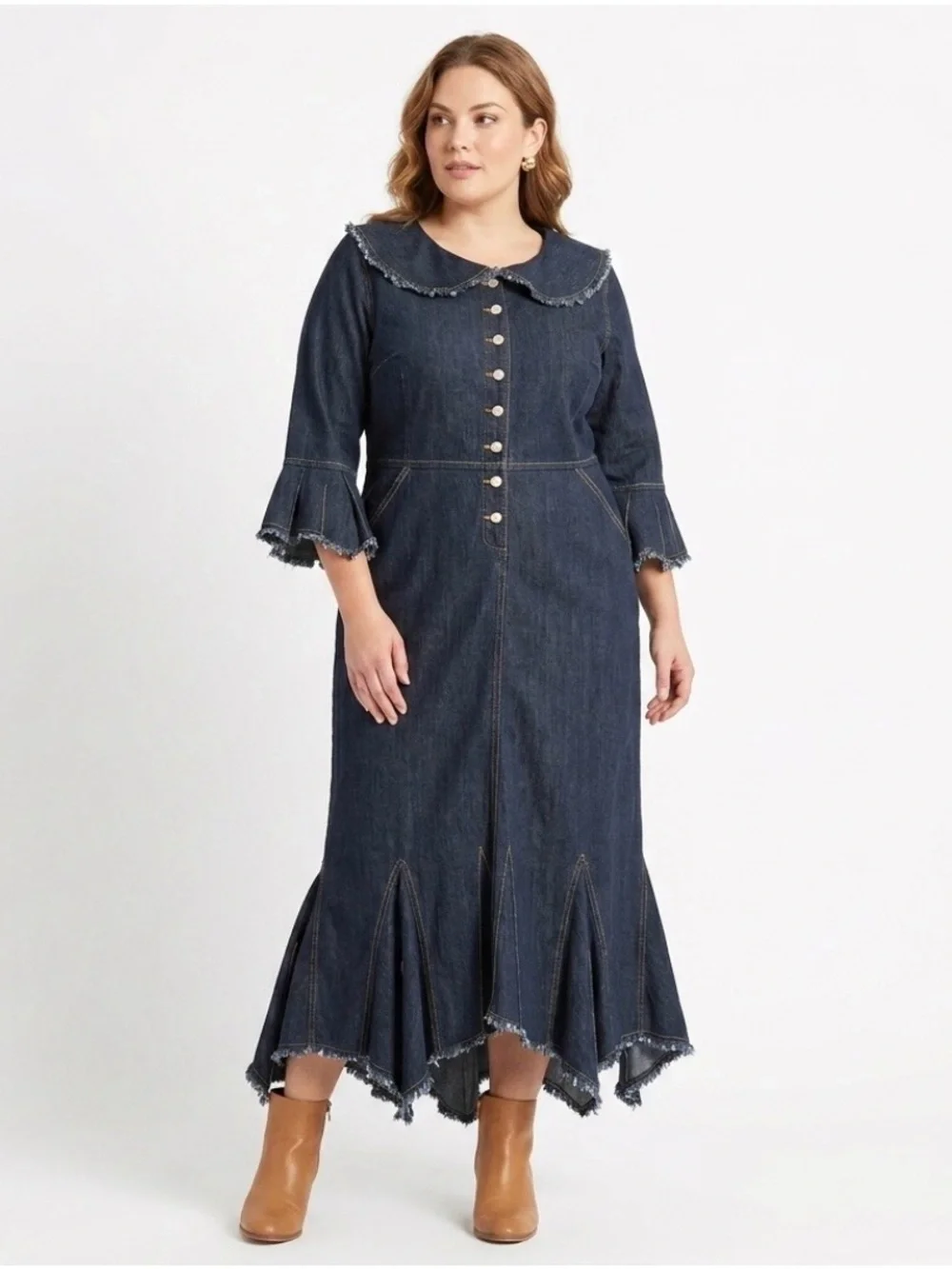 Goddess Trend Denim Midi Maxi Raw Asymmetrical Hem Dress 14 NWOT Cottagecore